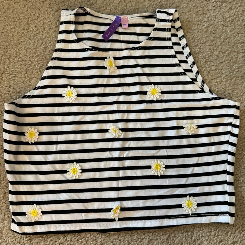 LF Black and White Striped Crop Top with Daisy Accents